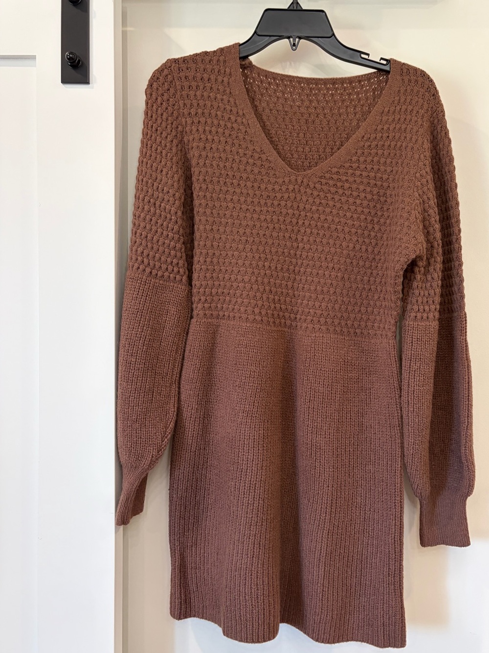 Women's V-Neck Long Knit Sweater Dress in Brown